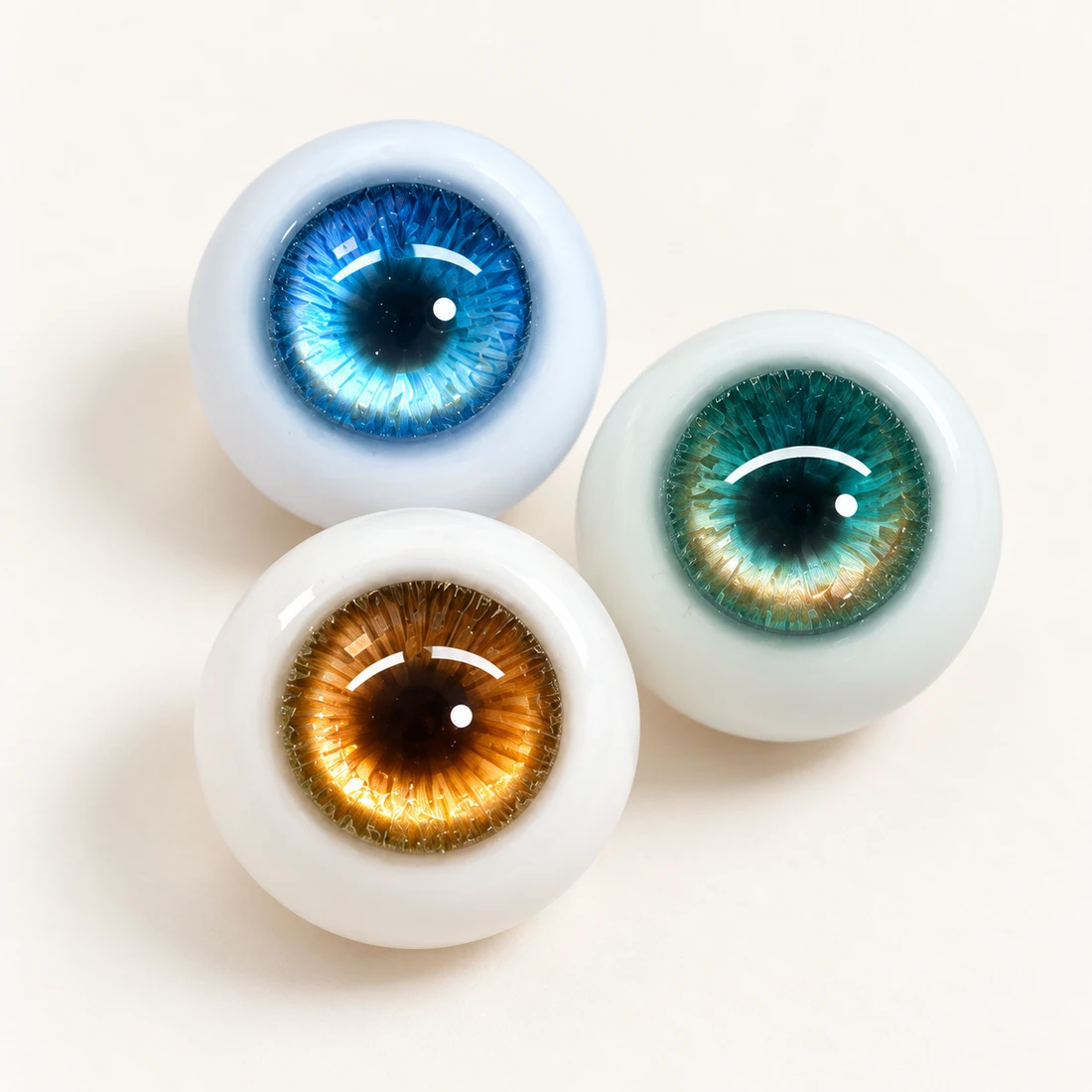 Illustrative blue, green and amber doll eyes
