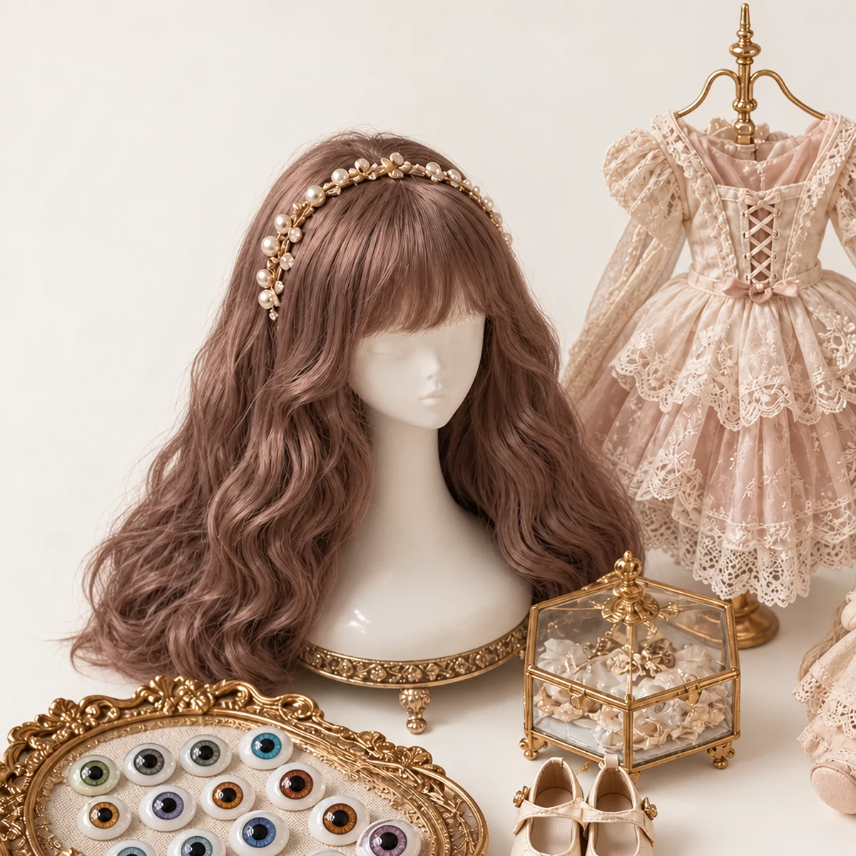 Illustration of a wig on a head form, a doll dress, shoes and loose eyes